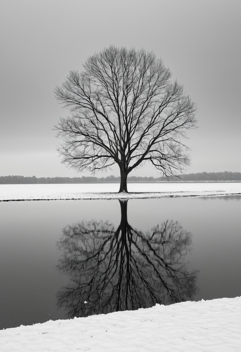 ((sideview)), masterpiece, high quality, RAW photo, reflection, outdoors, no humans, monochrome, scenery, water lake, bare tree, boat, photo, serene, snow-covered winter landscape. solitary tree standing on a thin strip of land, which is the only visible vegetation The tree, devoid of leaves, is tall and bare, its branches reaching out in a symmetrical pattern, creating a stark silhouette against the pale, overcast sky. ground is blanketed in a thick layer of snow, creating a pristine, white expanse that extends from the tree towards the viewer., photorealistic, 8K, highly detailed, (snowing)