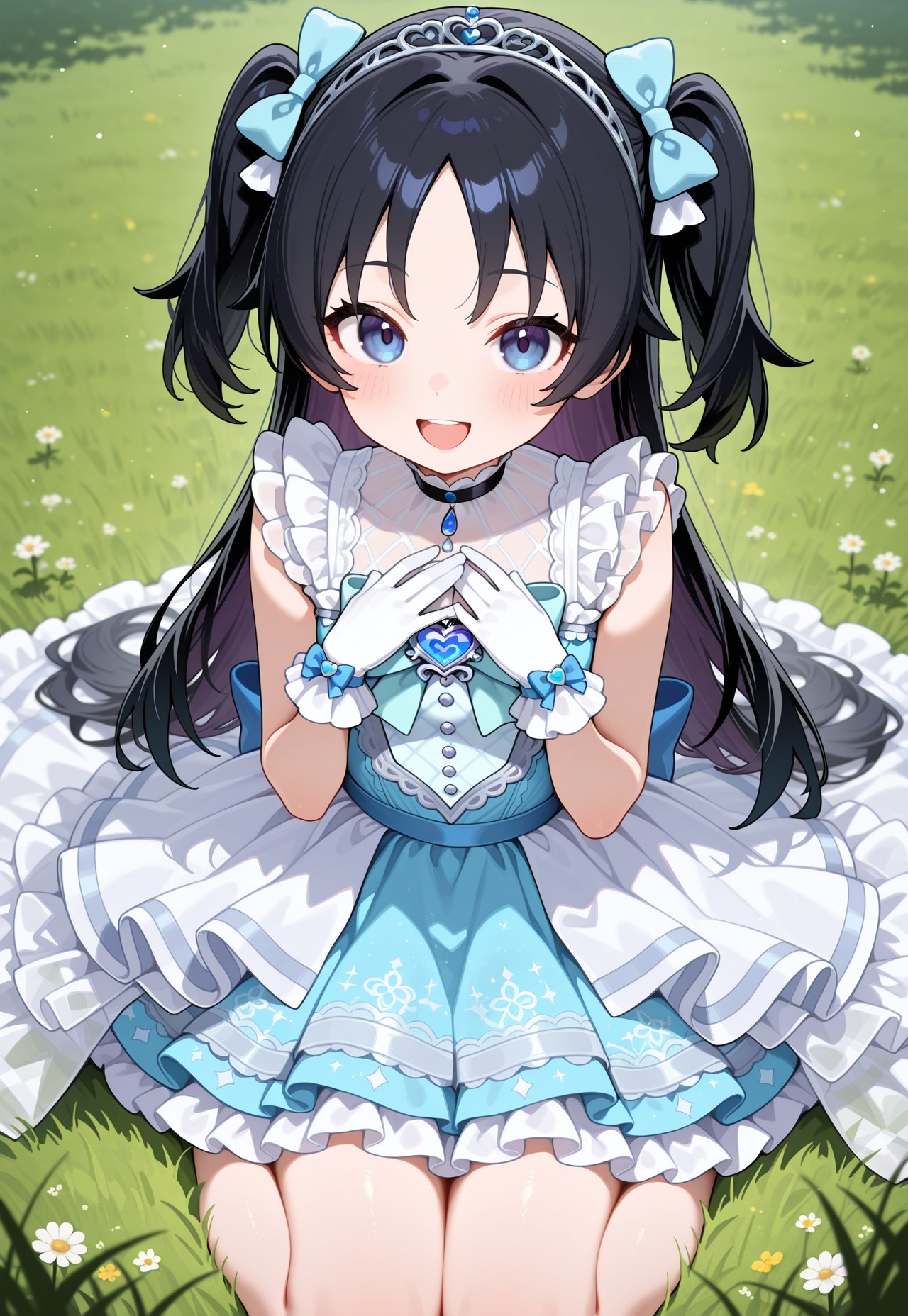masterpiece,extremely detailed,best quality,amazing quality,newest,absurdres,highres, littlemycinderella, 1girl, adult, solo, black hair, two_side_up long hair, hair_bow, gloves,  white gloves, blue dress, bow, blue bow, bangs, :d, tiara, sleeveless, sleeveless dress, frills, light brown hair, heartbrooch, smile, hands_on_own_chest , wariza, looking_at_viewer, upturned_eyes BREAK on_grass 