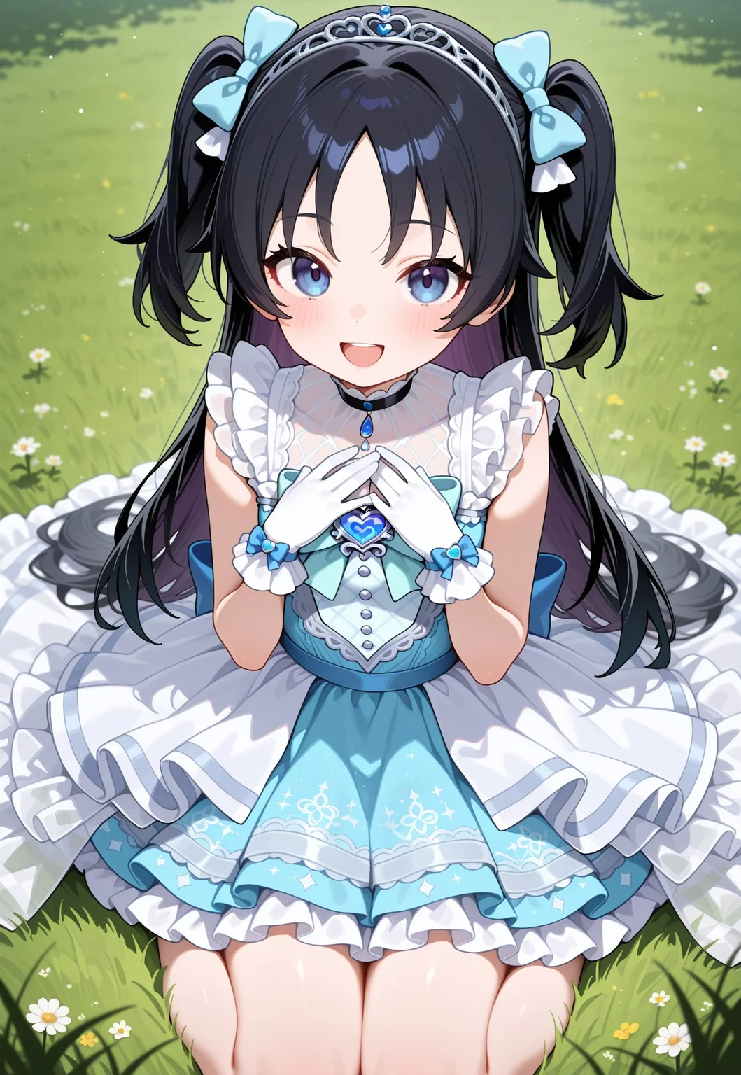 masterpiece,extremely detailed,best quality,amazing quality,newest,absurdres,highres, littlemycinderella, 1girl, adult, solo, black hair, two_side_up long hair, hair_bow, gloves, white gloves, blue dress, bow, blue bow, bangs, :d, tiara, sleeveless, sleeveless dress, frills, light brown hair, heartbrooch, smile, hands_on_own_chest , wariza, looking_at_viewer, upturned_eyes BREAK on_grass