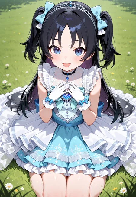 masterpiece,extremely detailed,best quality,amazing quality,newest,absurdres,highres, littlemycinderella, 1girl, adult, solo, black hair, two_side_up long hair, hair_bow, gloves,  white gloves, blue dress, bow, blue bow, bangs, :d, tiara, sleeveless, sleeveless dress, frills, light brown hair, heartbrooch, smile, hands_on_own_chest , wariza, looking_at_viewer, upturned_eyes BREAK on_grass 