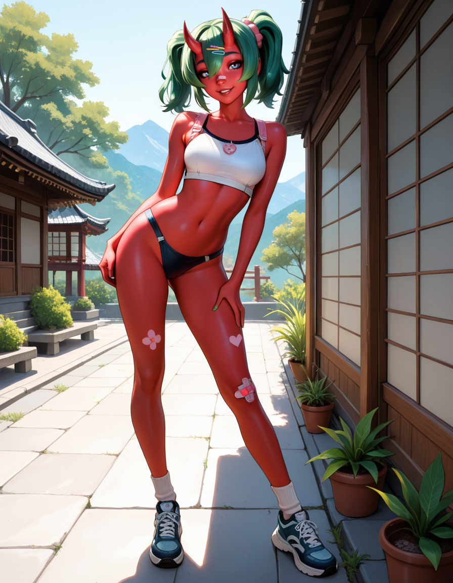 masterpiece, best quality, very aesthetic, absurdres,
outdoors,
full body, standing, posing, 
seductive smile, parted lips, long eyelashes,
 <lora:Nemia_v01_NAIXL:1>,
N4m14,1girl,solo,green hair,oni horns,twintails,hair ornament,hairclip,hair between eyes,blue eyes,bandaid on face,colored skin,red skin,