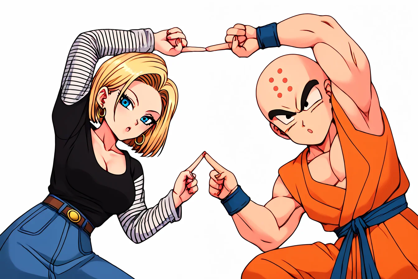 score_9, score_8_up, score_7_up, score_6_up, score_5_up, score_4_up, highres, masterpiece, highly detailed face, highly detailed shining eyes, symmetrical highly detailed eyes, <lora:Fusion_Dance_DBZ-000019:0.4>, 1boy, 1girl, fusion dance, fingers together, index finger raised, index finger together, simple background, white background
BREAK <lora:android-18-ponyxl-lora-nochekaiser:0.8> ,android 18, blonde hair, blue eyes, eyelashes, hoop earrings, short hair, earrings, belt, black legwear, black shirt, breast pocket, cleavage, collarbone, denim, denim skirt, high-waist skirt, jewelry, long sleeves, pocket, shirt, shirt tucked in, skirt, striped, striped sleeves, waistcoat,
BREAK <lora:KrillinPony:0.8> kuririn, bald, black eyes, no nose, no sclera, forehead mark, martial arts clothes, orange vest, orange pants, blue sash, blue wristband, sleeveless, blue flats, white short socks, black badge