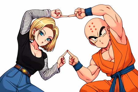 score_9, score_8_up, score_7_up, score_6_up, score_5_up, score_4_up, highres, masterpiece, highly detailed face, highly detailed shining eyes, symmetrical highly detailed eyes, <lora:Fusion_Dance_DBZ-000019:0.4>, 1boy, 1girl, fusion dance, fingers together, index finger raised, index finger together, simple background, white background
BREAK <lora:android-18-ponyxl-lora-nochekaiser:0.8> ,android 18, blonde hair, blue eyes, eyelashes, hoop earrings, short hair, earrings, belt, black legwear, black shirt, breast pocket, cleavage, collarbone, denim, denim skirt, high-waist skirt, jewelry, long sleeves, pocket, shirt, shirt tucked in, skirt, striped, striped sleeves, waistcoat,
BREAK <lora:KrillinPony:0.8> kuririn, bald, black eyes, no nose, no sclera, forehead mark, martial arts clothes, orange vest, orange pants, blue sash, blue wristband, sleeveless, blue flats, white short socks, black badge