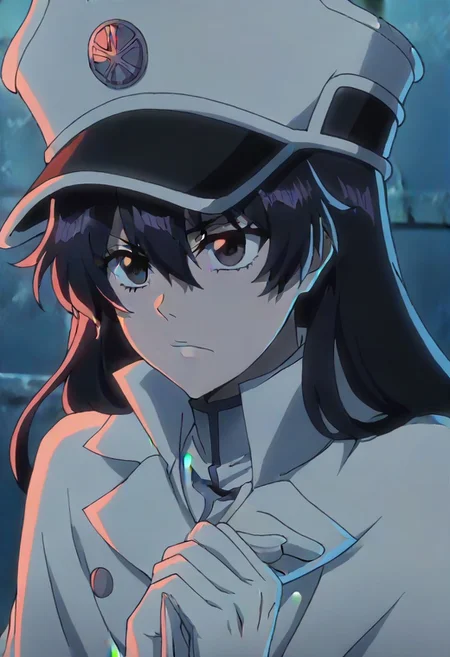 source_anime, anime screencap, anime coloring, nsfw, uncensored, <lora:Bambietta_Basterbine:1>Long hair, black hair, hair between eyes, dark purple eyes,, hat, peaked cap, white headwear, white gloves,