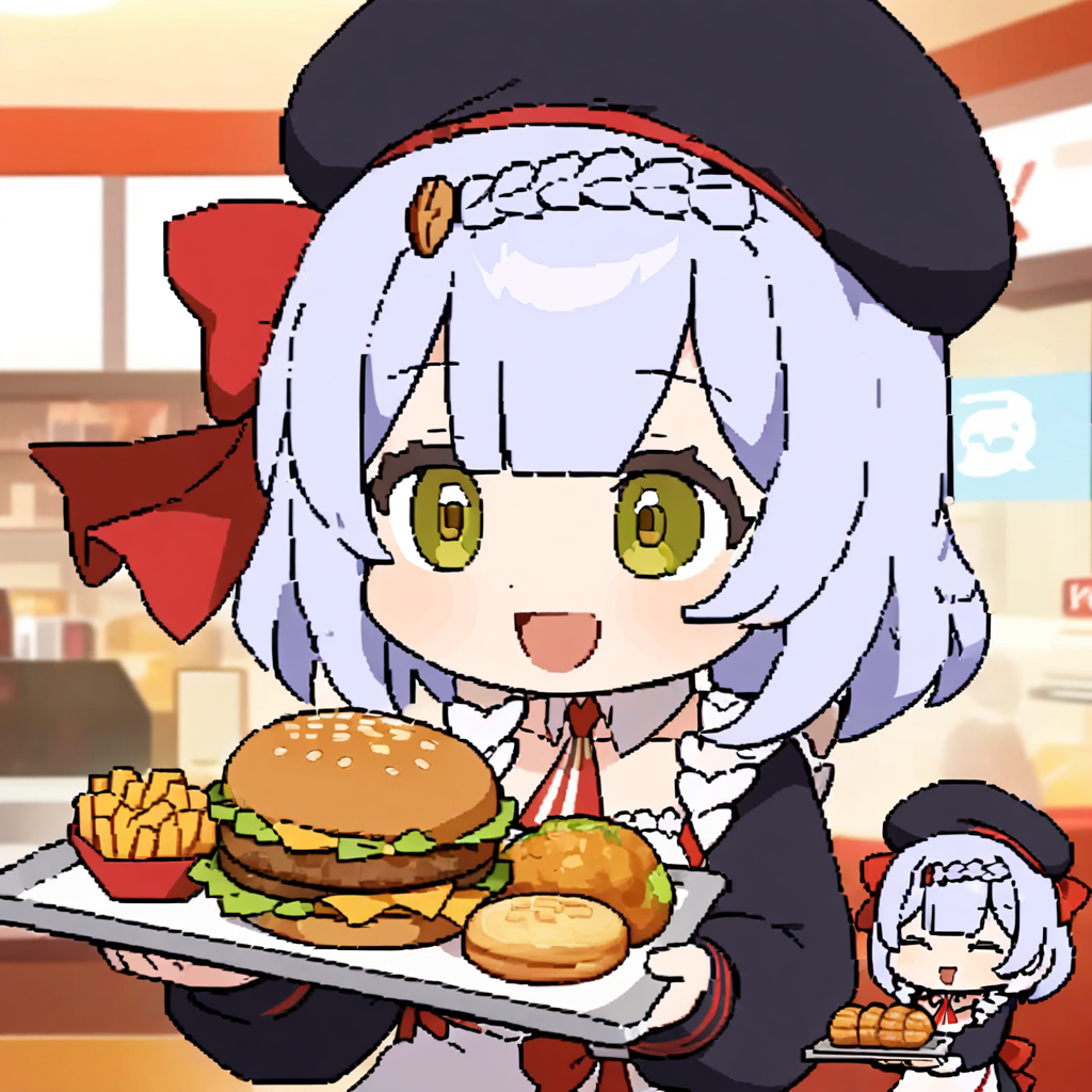 <lora:ascii-v0.8:1>ascii artwork, multiple girls, noelle \(kfc\) \(genshin impact\), chibi, beret, smile, open mouth, holding tray of food, fast food restaurant, best quality, detailed<lora:Noelle-v10.1a:0.7>