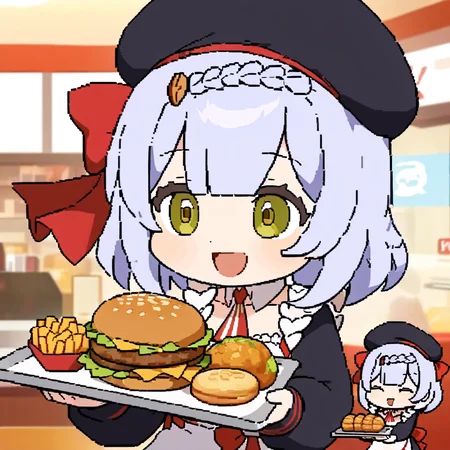 <lora:ascii-v0.8:1>ascii artwork, multiple girls, noelle \(kfc\) \(genshin impact\), chibi, beret, smile, open mouth, holding tray of food, fast food restaurant, best quality, detailed<lora:Noelle-v10.1a:0.7>