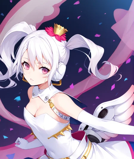 score_9, score_8_up, score_7_up, source_anime, BREAK
masterpiece, best quality,
1girl, solo, mu (caligula), gradient hair, pink eyes, asymmetrical twintails, mini crown, hair flower, behind-the-head headphones,
elbow gloves, white gloves, strapless leotard, white leotard, white capelet, multicolored ribbon, low wings, gradient wings, white skirt, object in clothes, detached collar, belt, cleavage,
upper body, concert stage
(masterpiece, best quality:1),
<lora:tce-mu.pdxl-000010:1>
