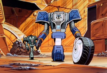 score_9, score_8_up, score_7_up, Yes man, robot, single wheel robot, blue robot, radio antenna, smile, Transformers, Animation, <lora:Transformers 86 FT:1>
