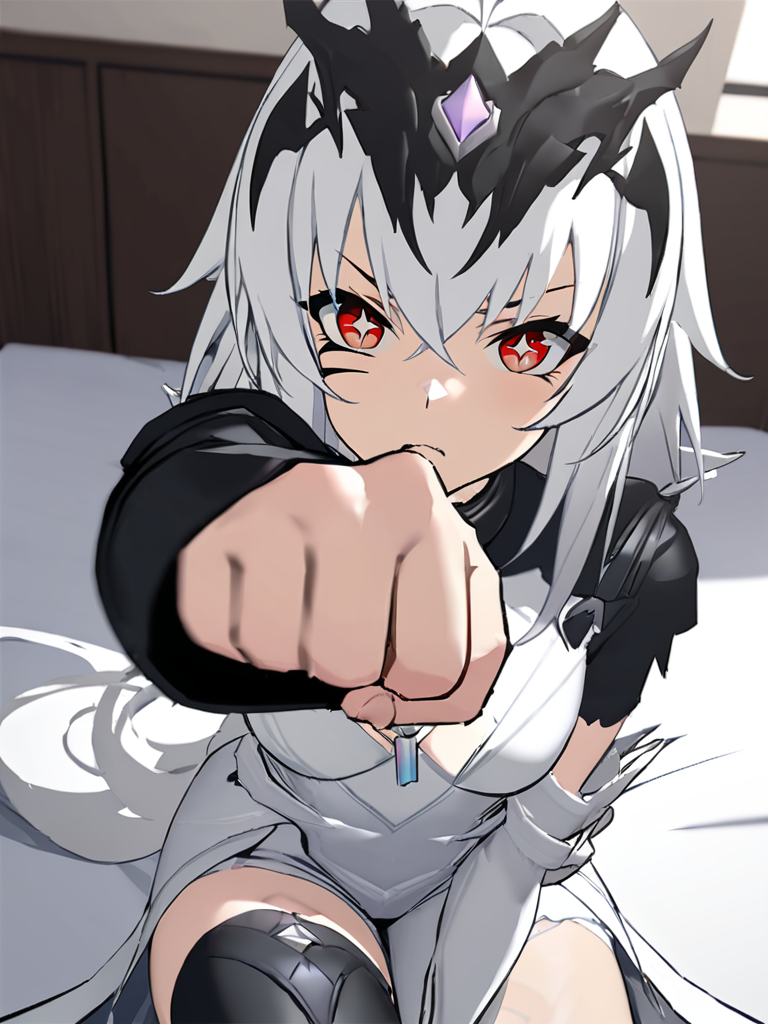 <lora:spfaniya_xl:0.9>,1girl,solo,spfaniya,masterpiece,best quality,bed,bedroom,sit,looking at viewer,tattoo,red eyes,white hair,facial mark,symbol-shaped pupils,+ +,long hair,bangs,hair between eyes,angry,incoming punch,