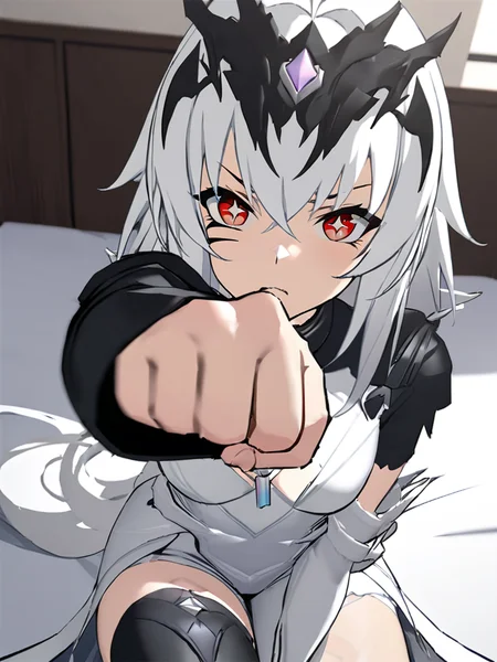 <lora:spfaniya_xl:0.9>,1girl,solo,spfaniya,masterpiece,best quality,bed,bedroom,sit,looking at viewer,tattoo,red eyes,white hair,facial mark,symbol-shaped pupils,+ +,long hair,bangs,hair between eyes,angry,incoming punch,