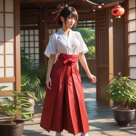<lora:Hakama_-_Panache:1> red hakama, 1girl, medium breasts, realistic breasts, small ass, dynamic action, miko, temple, Japanese garden, plants, potted plants, treescore_9,score_8_up,score_7_up, <lora:Dramatic Lighting Slider:1>