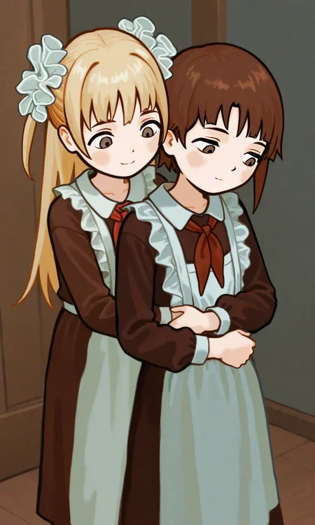 0waxio, 1girl, Nika, smile, blonde, long hair, frilled apron, frilled hair scrunchie, red neckerchief, brown dress, behind, hugging, 2girls, iwakura lain, frilled apron, red neckerchief, brown dress,