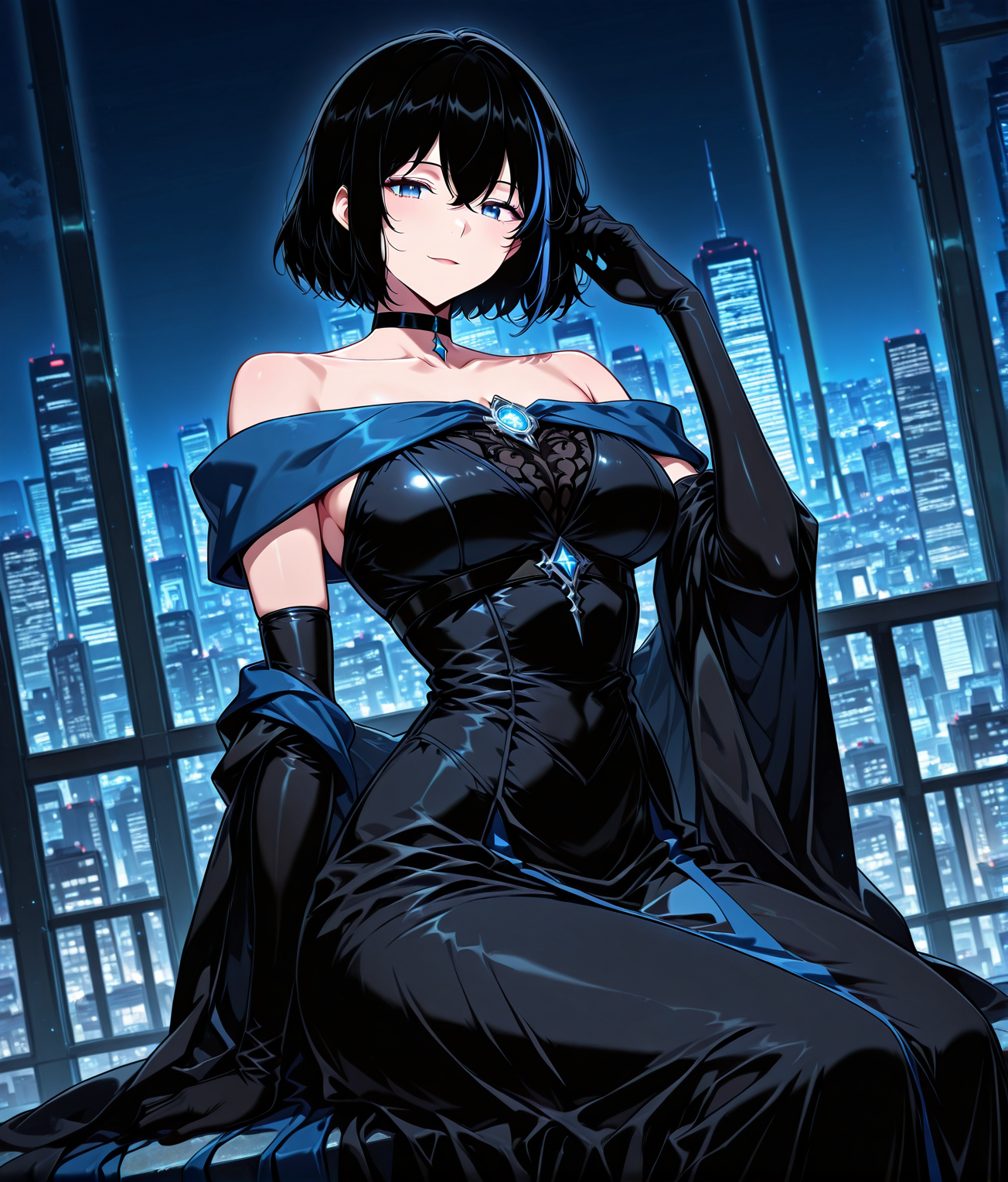 <lora:Cheon_Soyeon__The_Knight_King_Who_Returned_with_a_God__Illustrious:1>
1 girl, solo, black hair, short hair, loose hair, blue hair streak, multicolored hair, streaked hair, bangs, hair between eyes, blue eyes, large breasts
dress, black dress, long dress, cloves, elbow gloves, black cloves, bare shoulders, off shoulder, choker, black choker
score_9, score_8_up, score_7_up, very aesthetic, source_anime, detailed, high quality, beautiful, masterpiece, detailed eyes, night, illuminated city background, blurry background, cityscape, pose dynamic angle, light smile, open mouth, hand on hair, sitting, <lora:iLLMythG0thicL1nes:1>