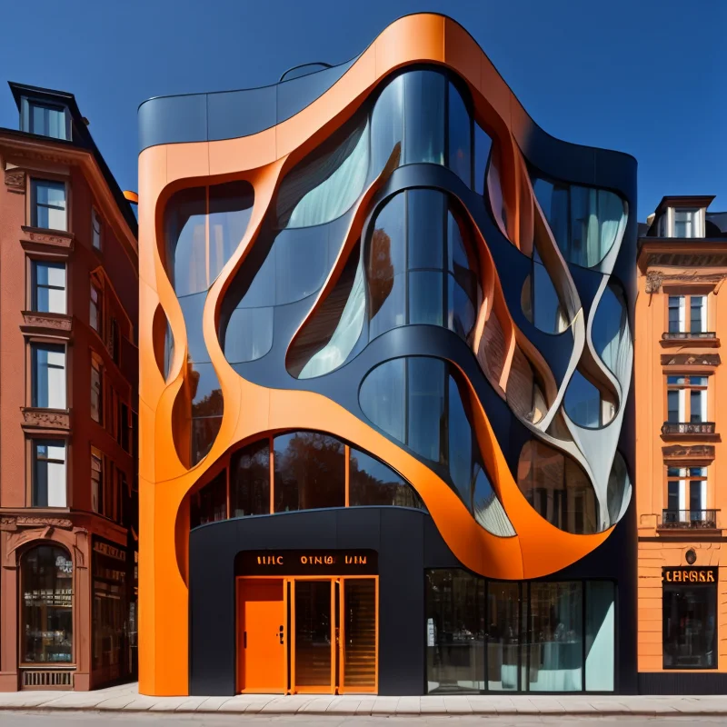 a photo of a modern shop building with the orange facade in organic shapes and forms in the style midjor, epic sky, <lora:theovercomer8sContrastFix_sd15:0.5> <lora:Midjor_Style_V1:1>