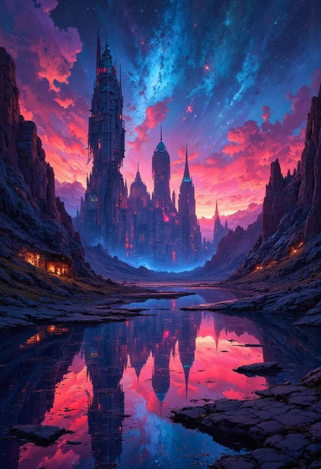 abstract oil painting, gradient vibrant neon colour, rough, textural, broad brush strokes, a futuristic sci-fi city with tall towers skyscrapers, and domes, perfectly reflected in a tranquil, still lake, at night, surreal colours, detailed night sky with stars and nebulas, mythp0rt