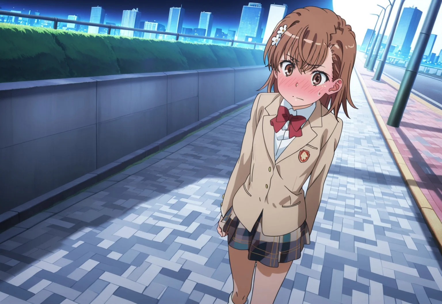 masterpiece, best quality, absurdres, highres, intricate details, very aesthetic, accurate art style, anime screencap, anime coloring, flat colors, official screencap, style parody, official art, proper proportions, extremely detailed, newest, 2025, BREAK, 1girl, misaka mikoto, short hair, brown hair, hair ornament, hair flower, school uniform, tokiwadai school uniform, whit shirt, bow, red bow, jacket, bowtie, blazer, brown jacket, red bowtie, plaid skirt, pleated skirt, plaid, shorts, white socks, loafers, brown loafers, shoes, BREAK, standing, embarrassed, blushing, BREAK, detailed background, outdoors, city landscape, sidewalk, midday, BREAK, perspective, cowboy shot, upskirt, from below, BREAK, vibrant colors, bloom, vignette, cinematic lighting, 75% soft lighting, 25% dark lighting