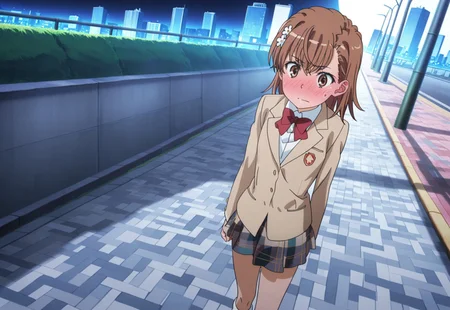 masterpiece, best quality, absurdres, highres, intricate details, very aesthetic, accurate art style, anime screencap, anime coloring, flat colors, official screencap, style parody, official art, proper proportions, extremely detailed, newest, 2025, BREAK, 1girl, misaka mikoto, short hair, brown hair, hair ornament, hair flower, school uniform, tokiwadai school uniform, whit shirt, bow, red bow, jacket, bowtie, blazer, brown jacket, red bowtie, plaid skirt, pleated skirt, plaid, shorts, white socks, loafers, brown loafers, shoes, BREAK, standing, embarrassed, blushing, BREAK, detailed background, outdoors, city landscape, sidewalk, midday, BREAK, perspective, cowboy shot, upskirt, from below, BREAK, vibrant colors, bloom, vignette, cinematic lighting, 75% soft lighting, 25% dark lighting