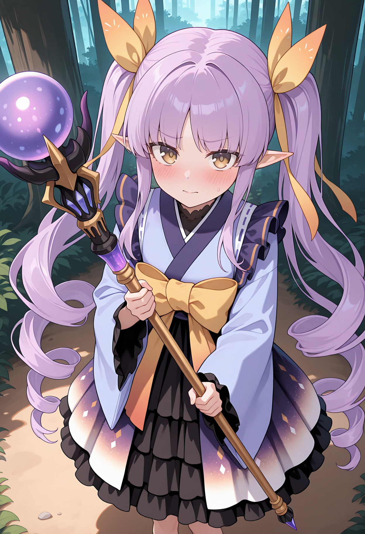 highres, best quality, masterpiece,
1girl, solo, blush, forest, pcrkyoka, purple hair, very long hair, elf, twintails, ringlets, brown eyes, kyokadef, hair ribbon, blue kimono, long sleeves, gradient kimono, purple kimono, kimono skirt, black skirt, frilled skirt, yellow bow, frills, standing, holding staff, from above, embarrassed, looking at viewer, <lora:_kyouka_pcr-elesico-ilxlC:1>