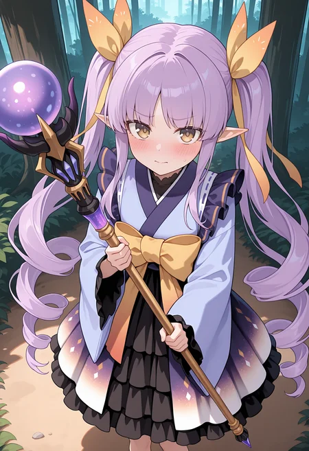 highres, best quality, masterpiece,
1girl, solo, blush, forest, pcrkyoka, purple hair, very long hair, elf, twintails, ringlets, brown eyes, kyokadef, hair ribbon, blue kimono, long sleeves, gradient kimono, purple kimono, kimono skirt, black skirt, frilled skirt, yellow bow, frills, standing, holding staff, from above, embarrassed, looking at viewer, <lora:_kyouka_pcr-elesico-ilxlC:1>
