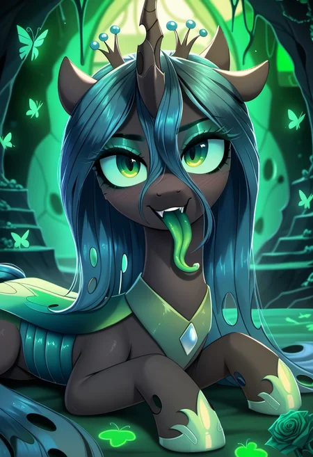 masterpiece, score_9, score_8_up, score_7_up, score_6_up, (best quality:1.1), ultra-detailed, high resolution, (solo), (1WOMAN), (ALICORN PONY), (GODDESS CHRYSALIS) ((long cerulean hair:1.2)), (highly detailed pony face:1.4), (beautiful detailed green shiny slitted eyes), (long luscious eyelashes:1.4), (detailed hair:1.5), (shiny black fur:1.5), (shiny skin:1.5), (seductive smile:1.5), (green royal regalia with holes:1.5), ((highly detailed green hive background:1.5)), (green changeling hive background:1.5) ((green butterflies all around her:1.5)), (green roses all around her:1.5), (dynamic pose:1.4), (green long tongue:1.6), (tongue out:1.5), (green blush:1.5), (laying down in green bed:1.5), high quality, sharp, the quality of ai art is frightening, highly detailed, Highly Visible, sharp focus, high detail, detailed background,