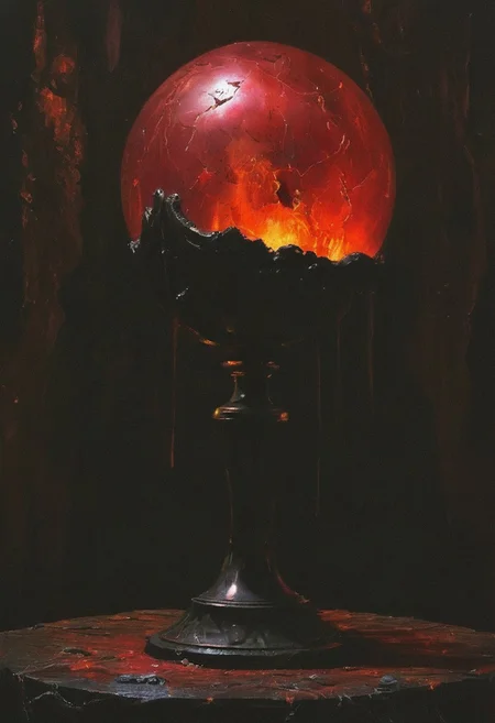 A towering, gothic mausoleum, its black marble cracked and weeping crimson tears. a ruby-encrusted chalice, emerges from a yawning chasm. The orb, a malevolent crimson sphere, pulses with dark energy. The scene is bathed in an eerie red glow, with shadows dancing across the walls, in dimly lit dark fantasy but vibrant colors, with bold ink lines defining form against the watercolor wash of the aged paper, smile,