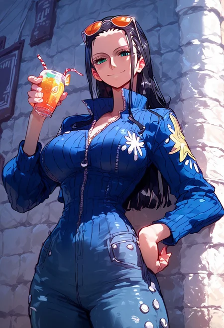 Nico Robin, score_9, score_8_up, score_7_up, score_6_up, source_anime, floox style,
1girl,
posing agaisnt a wall, drink in hand, hand on hip, looking at viewer, sedutive smile; sunglasses on,