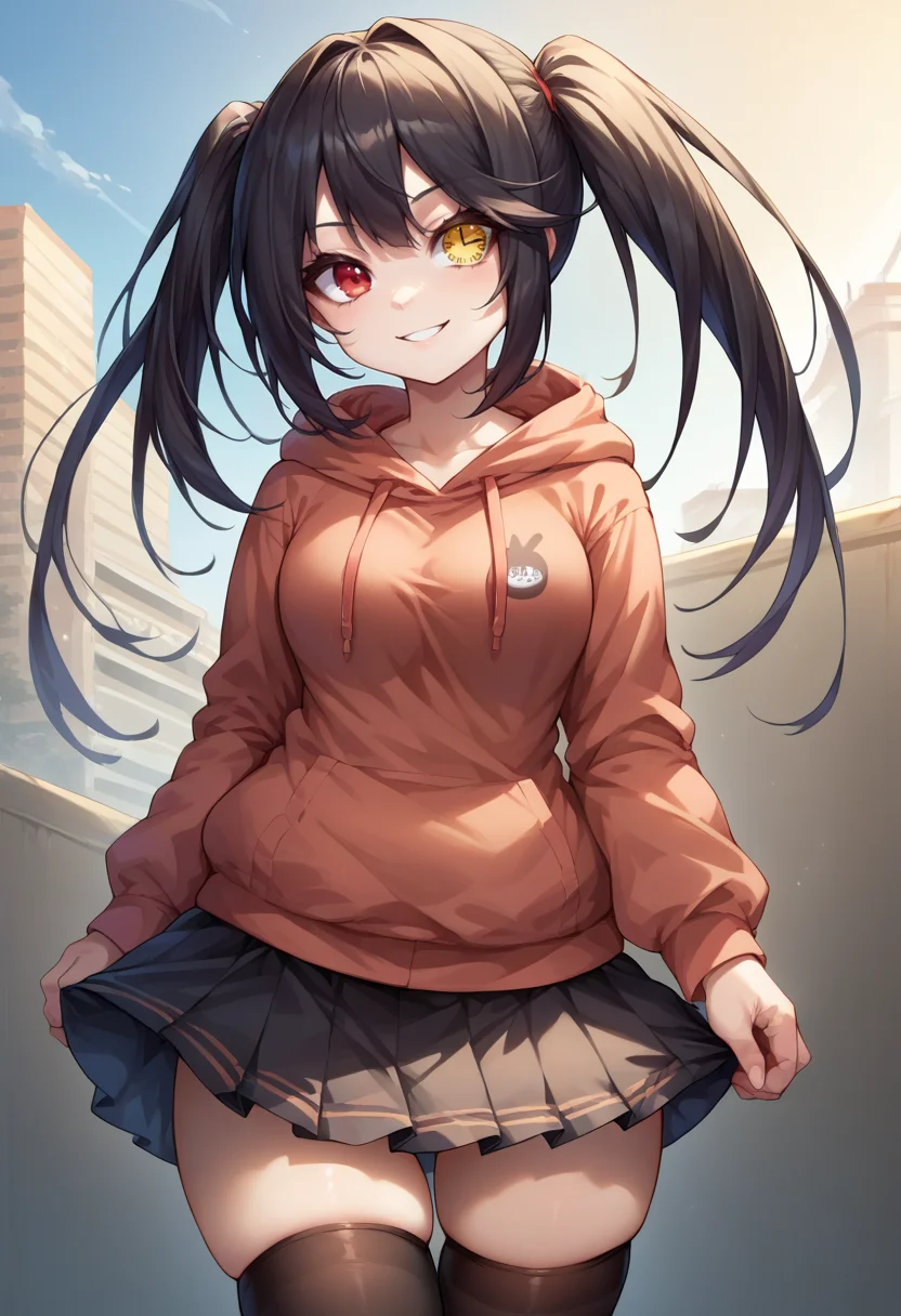 score_9, score_8_up, source_anime, 1girl, solo, TokisakiKurumi, black hair, twintails, heterochromia, red eye, yellow eye, clock eyes, hoodie, skirt, black thighhighs, skindentation, thighs, smile, <lora:ChamTokisakiKurumiPonyXL-000008:1>