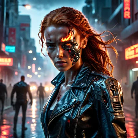 Ultra-realistic high resolution image of a beautiful Terminator, 8k, capturing the intensity of the moment, cinematic lighting, standing on a mysterious street in a fighting pose, wavy red hair, realistic face, half of her bloody face smashed in to reveal a metallic robotic skull, realistic red robotic eye, one human eye, fire, intricately designed leather jacket, tight top and jeans, aesthetic of Terminator movies, perfect athletic figure, beautiful Sadie Sink as Terminator, fire, ultra-realistic, cinematic style, athletic figure, sci-fi, dramatic lighting, wet and sweaty skin, dirty bloody skin, athletic figure, dramatic lighting, Greg Rutkowski style, hyper-detailed, hyper-realistic, bright colors, Attractive 25 year old girl, Attractive, beautiful solid body, sharp focus, digital painting, Photo taken on Nikon D750, Alphonse Mucha, 8K, athletic figure, Hyperdetailed, hyperrealism, Attractive, Attractive busty girl, asymmetrical balance
