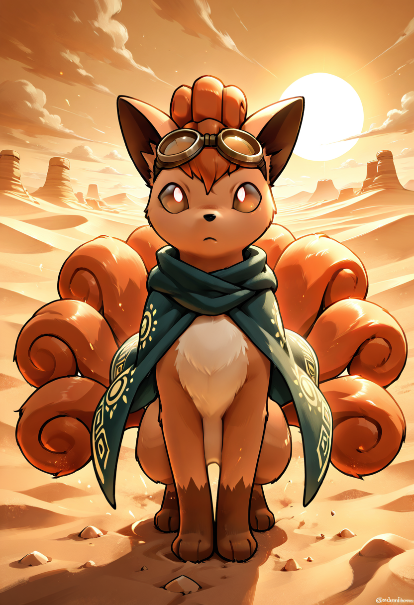 masterpiece, best quality,    <lora:VulpixPokedex_IXL:1.0>,  zzVulpix, desert, sandstorm, scarf, goggles, travel cloak, cracked earth, twin blades, windswept fur, golden hour, intense stare, heat shimmer, dramatic pose, survival gear â Amidst the swirling sands of a sun-scorched desert, zzVulpix stands firm. Her travel cloak flutters behind her as the wind howls, goggles reflecting the endless dunes. Twin curved blades hang from her sides, her movements cautious yet confident. The sun dips low, casting amber light across the cracked earth, and her red eyes scan the horizon for danger. Sand clings to her fur as she continues her silent journey across the wasteland.