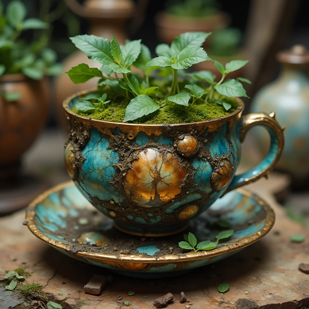 kintsugi tea cup, hyperdetailed, mossy underground