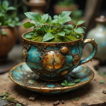 kintsugi tea cup, hyperdetailed, mossy underground