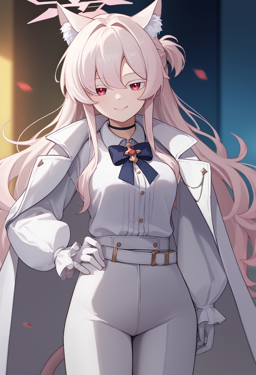 score_9, score_8_up, score_7_up, source_anime, solo, 1girl, akira kiyosumi, smile, looking at viewer, standing, hand on own hip, white hair, animal ears, animal ear fluff, pink halo, red eyes, colored eyelashes, white coat, coat on shoulders, white shirt, collared shirt, shirt tucked in, black bowtie, long sleeves, white gloves, white pants, white belt, black choker, cat tail <lora:ba_kiyosumiakira_ponyXL:1>