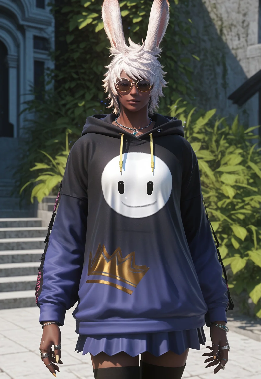 gentlebean_ffxiv, 1girl, rabbit ears, animal ears, viera, solo, dark skin, white hair, dark-skinned female, ring, jewelry, hood, thighhighs, hoodie, sunglasses, thumb ring, short hair, necklace, multiple rings, looking at viewer, skirt, ultra hd, 32k BREAK PonyXLV6_Scores