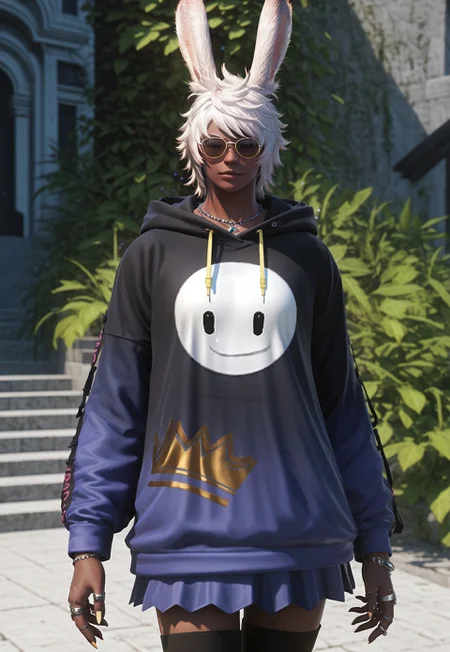 gentlebean_ffxiv, 1girl, rabbit ears, animal ears, viera, solo, dark skin, white hair, dark-skinned female, ring, jewelry, hood, thighhighs, hoodie, sunglasses, thumb ring, short hair, necklace, multiple rings, looking at viewer, skirt, ultra hd, 32k BREAK PonyXLV6_Scores
