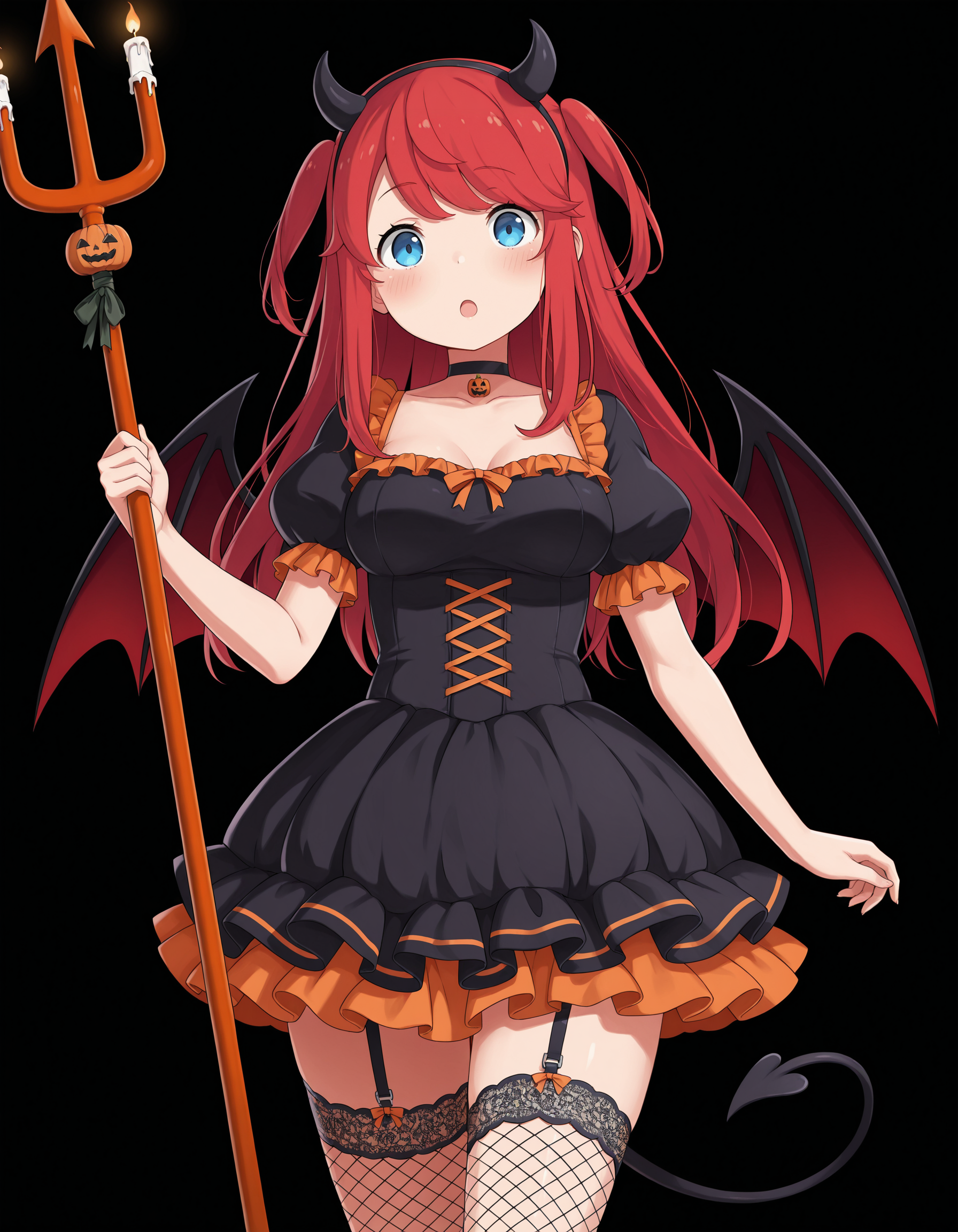 <lora:Theresia van Astrea Illu:1>
theresi4, 1girl, trident, red hair,  halloween costume, fake horns, jack-o'-lantern, demon wings, blue eyes, fishnet thighhighs, garter straps, medium breasts, cowboy shot, blush, open mouth, looking at viewer, holding weapon, fishnets, polearm, black dress, candle, puffy short sleeves, bat (animal), pumpkin,  demon horns, frills, two side up, demon tail, puffy sleeves, hairband, collarbone, frilled dress, standing, bat wings, choker, :o, zettai ryouiki, demon girl,
simple background,black background,, masterpiece, best quality, amazing quality