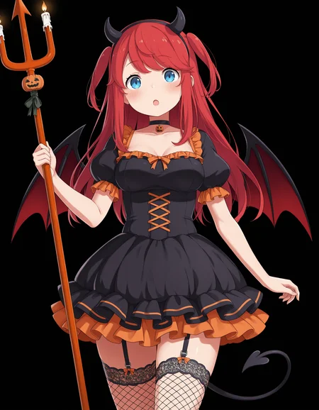 <lora:Theresia van Astrea Illu:1>
theresi4, 1girl, trident, red hair, halloween costume, fake horns, jack-o'-lantern, demon wings, blue eyes, fishnet thighhighs, garter straps, medium breasts, cowboy shot, blush, open mouth, looking at viewer, holding weapon, fishnets, polearm, black dress, candle, puffy short sleeves, bat (animal), pumpkin, demon horns, frills, two side up, demon tail, puffy sleeves, hairband, collarbone, frilled dress, standing, bat wings, choker, :o, zettai ryouiki, demon girl,
simple background,black background,, masterpiece, best quality, amazing quality