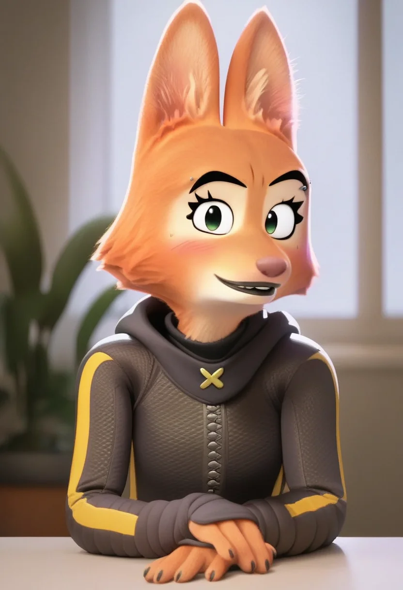 zPDXL, score_9,score_8_up,score_7_up,_up,source_cartoon, best quality, amazing quality, masterpiece, 1girl, looking at viewer, solo, fullbody, cute, blush, diane foxington, green eyes, orange fur, fox girl, jewelry, indoors, room, plant