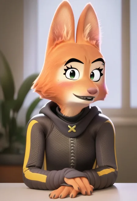 zPDXL, score_9,score_8_up,score_7_up,_up,source_cartoon, best quality, amazing quality, masterpiece, 1girl, looking at viewer, solo, fullbody, cute, blush, diane foxington, green eyes, orange fur, fox girl, jewelry, indoors, room, plant