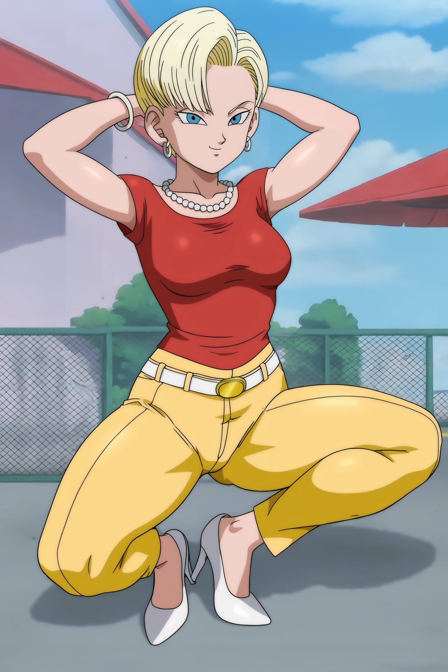 source_anime, score_9, score_8_up, score_7_up, anime screencap, absurdres,
android 18, dragon ball gt, gt casual outfit, official style, 1girl, solo, breasts, looking at viewer, smile, very short hair, blonde hair, squatting, silver earring, full body, hoop earrings, outdoors, belt, yellow pants, white footwear, high heels, white bracelet, blue sky, day, red shirt, arm support, bead necklace, pearl necklace, high-waist pants, arm behind head, beads, bangs, fence, cityscape, blue eyes, shirt tucked in, small breasts, collarbone
 <lora:c18_v1:0.8>