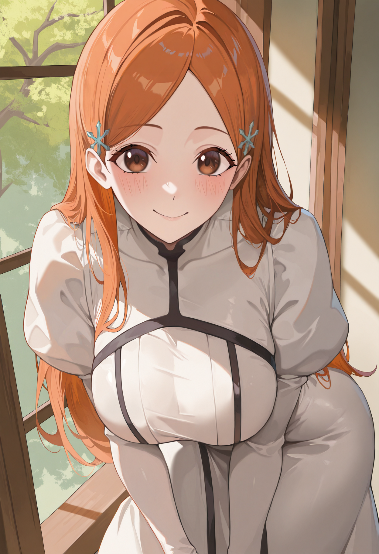 masterpiece, best quality, absurdres, highres, newest, 1girl, solo, <lora:inoueorihime-bleach-richy-v1_ixl:1>inrhmwd, brown eyes, orange hair, long hair, parted bangs, hair ornament, breasts, white dress, long sleeves, juliet sleeves, looking at viewer, indoors, smile, blush, window shadow, dappled sunlight, tree shade, leaning forward,