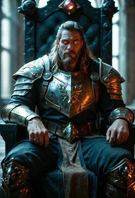 score_9, score_8_up, score_7_up, male, long beard, sit, throne, epic, glow eyes, epic armor, dynamic ange, low light, DSLR photo, best quality, 85mm lens, shallow depth of field, highly detailed, cinematic composition