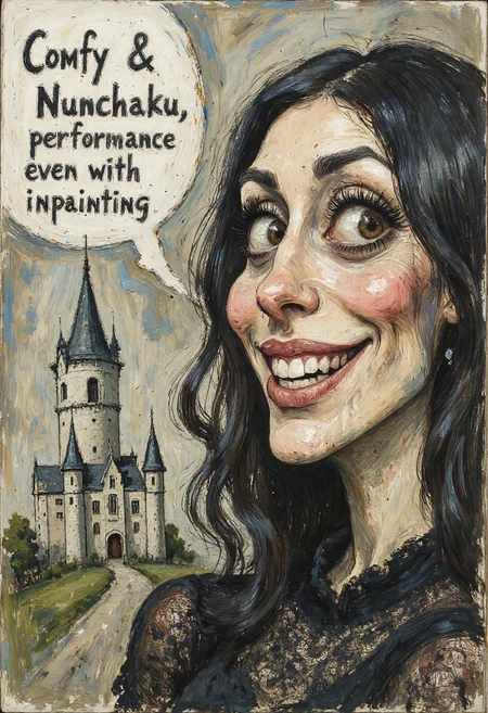 Clip L an award-winning, Expressionism Cartoons, spketch painting, Close-up of a smiling gothic lady with delicate features, dark attire, and a castle in the blurred background. Soft light emphasizes her smile and the rich textures of lace and velvet, creating an alluring and inviting atmosphere.T5XXLan award-winning, Expressionism Cartoons, spketch painting, Close-up of a smiling gothic lady with delicate features, dark attire, saying ("Comfy & Nunchaku & Flux, what a performance even with inpainting":1.4) in a hand-painted speech bubble with ink splatters,
organic integration, bubble floats naturally, no sharp edges, muted pastel colors, and a castle in the blurred background. Soft light emphasizes her smile and the rich textures of lace and velvet, creating an alluring and inviting atmosphere.