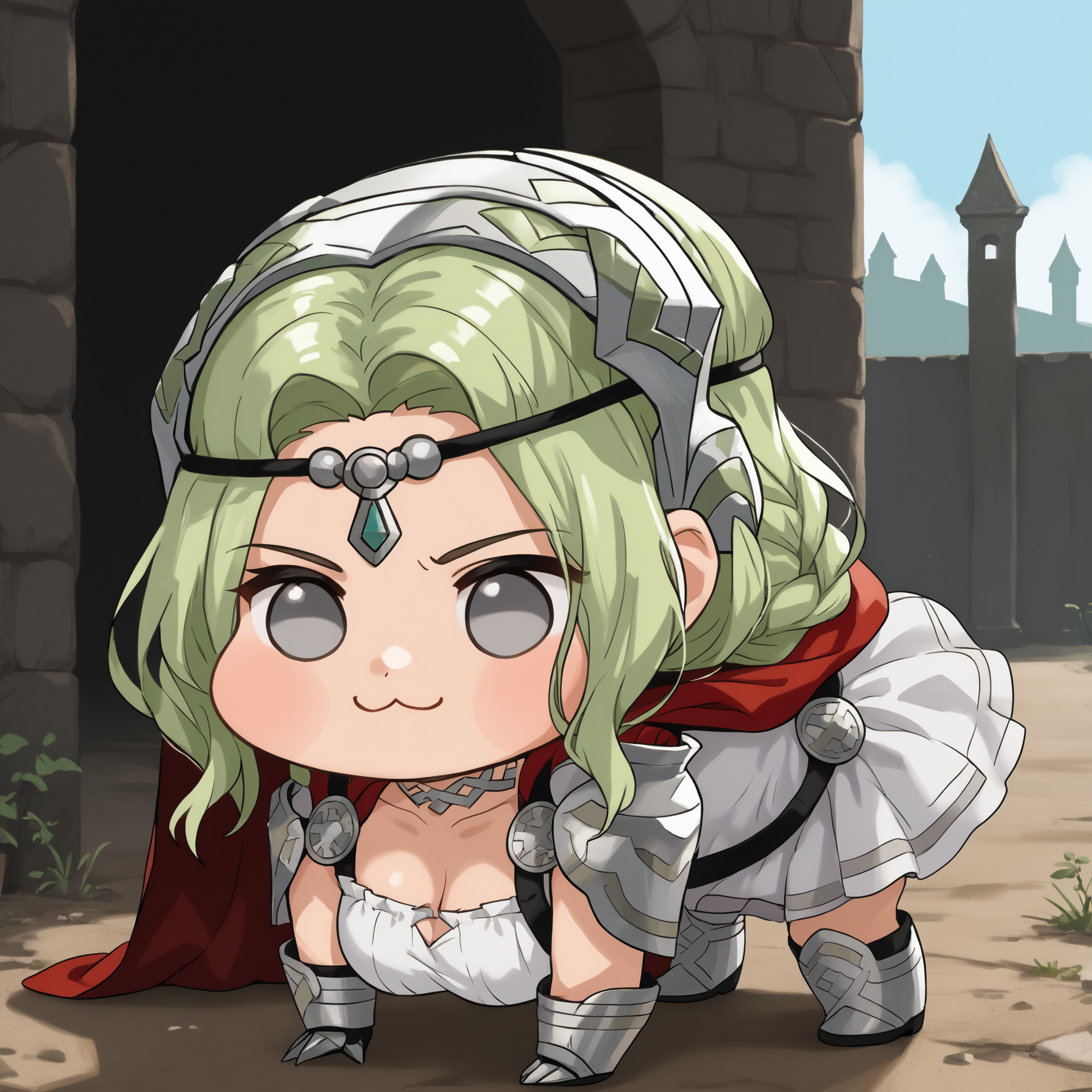 score_9, score_8_up, score_7_up, 1girl, FENottRND, grey eyes, green hair, long hair, single braid, large breasts,  
FENottMain, grey helmet, circlet, silver choker, red cape, shoulder armor, black harness, white dress, gauntlets, black gloves, knee boots,
<lora:Doro_X_PDXL_V1:1.0>, doro, creature, :3, chibi, no humans, four legs, solid circle eyes, no pupils, smug, from side, all fours,
outdoors, 
<lora:FENottPDXL_V1-Manityro-CAME:1.0>,