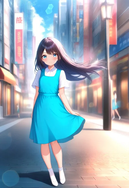 masterpiece, best quality,amazing quality,(1girl), solo,(depth of field),(solo focus),8K,HDR,(ultra high res),(highres),(full body),(lens flare),smile,blush,(black hair),(long hair),(blue eyes),(floating hair), sidelocks,(malaysian secondary school uniform),(pinafore dress),(aqua blue skirt),(blue pinafore),(collared shirt),(white shirt),(short sleeves),(white socks),(short socks),(white footwear),(ballet flat),(outdoor),(cityspace),(city),(street),(lampost),(standing),(looking at viewer)