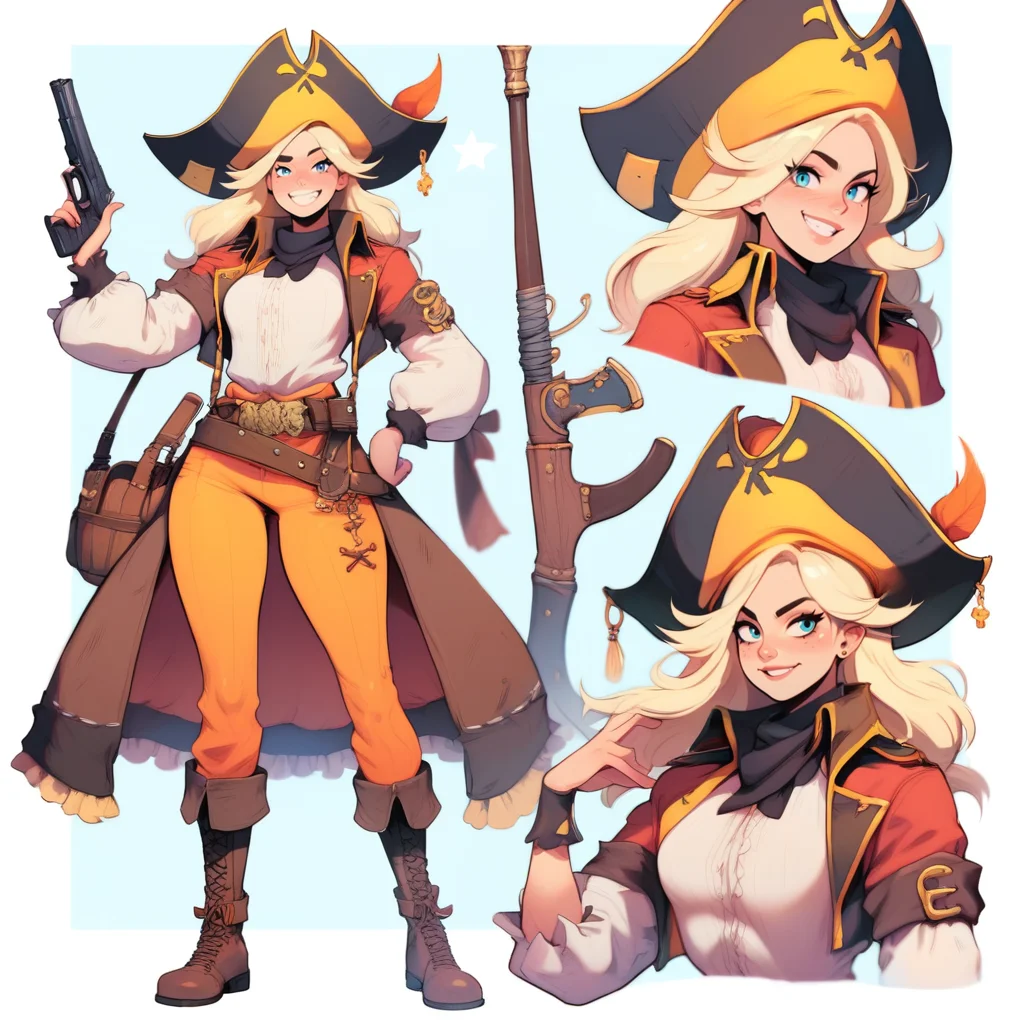 score_9, score_8_up, score_7_up,pirate girl, big hat, gun, pants, boots, open clothes, leaning forward, cute pose, small breasts, thick thighs, smile, looking at viewer, cute, simple black background, dynamic pose, sexy, reference sheet, (full body, from side, front:1.1), 
 <lora:XLPCharacterDesign_Concept:0.75> CharacterDesignXL   <lora:AfrobullPDXLresize:0.6> afrobullstyle,