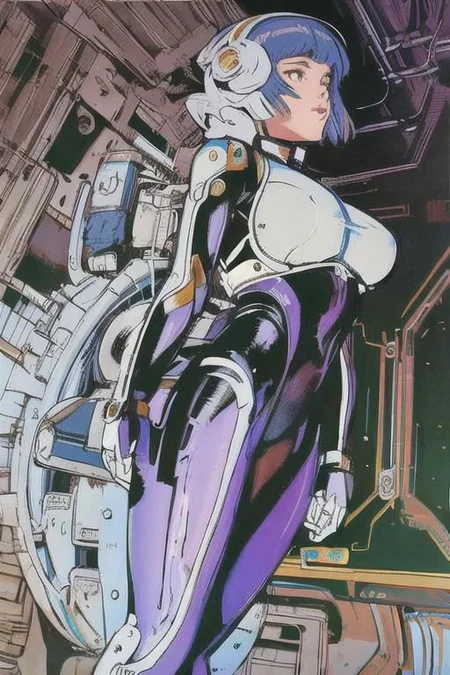 2d artwork, line artwork, comic aesthetics, 1girl, gorgeous, spacesuit mech, looking at viewer, surreal, breathtaking high-tech hardware background, line noise, ancient, retrofuturism, old comic paper, 1girl, beautiful face, spacesuit mech, short hair,