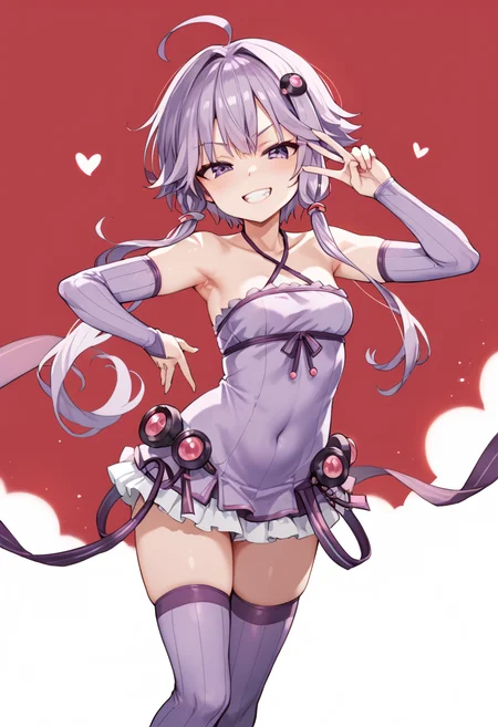 score_9_up, score_8_up, score_7_up,
<lora:YuzukiYukari_Uzai_V1:1>
yuzuki yukari, purple eyes, purple hair, ahoge, bangs, short hair with long locks, hair intakes, hair ornament, small breasts,
collarbone, criss-cross halter, breasts, halterneck, covered navel, bare shoulders,
sleeveless dress, purple dress, halter dress, Long sleeve, purple sleeve, zettai ryouiki, ribbon, thighs, sleeveless, purple thighhighs, frills,
smug, smirk, blush, teeth, peace sign, double peace sign,
red background, simple bacground,,
(mature female:1), huge brests:1,