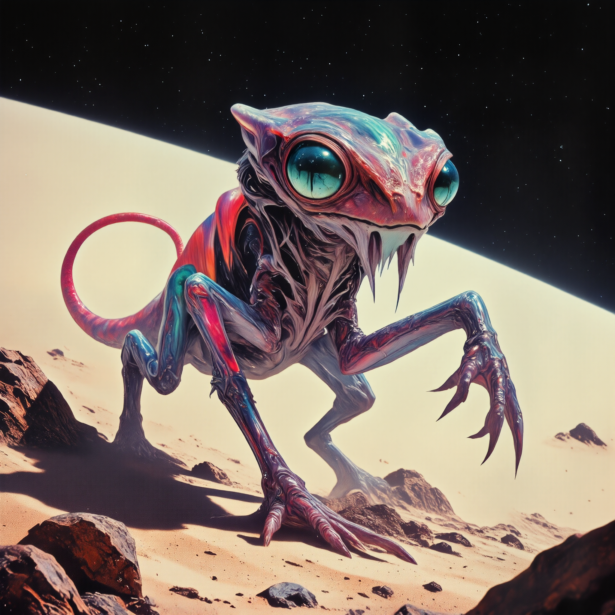 creature focus, full view, hyper-realistic, photo-realistic, very aesthetic, extraordinary and otherworldly scenery on a distant planet, extremely detailed, ultra high resolution, famous artwork inspired by lars grant-west and maurice sapiro, 1990s sci-fi style, the agile "restless fifferjorgle" flibbers with its squibbering eyes and iconic translucent tail, the image shows it cautiously crinkbubbling on a warbletwirl amidst one of the surreal dreamscape mountain ranges of planet "flatooine vii",a creature with symmetrical anatomy, dappled lighting, golden ratio, the color palette is predominantly light beige and mint green and navy blue and scarlet and indigo purple and ebony black, ovg, arsmoviestill, dndgr41nyb0yz style, <lora:image_enhancer-flux-by_dever:0.8> <lora:style-80s_fantasy_movie-v3-flux-by_arsmachina:0.92> <lora:style-dnd_grainyboyz-romulus-flux-by_kimwithdapuss:0.48>