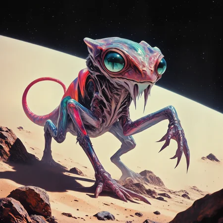 creature focus, full view, hyper-realistic, photo-realistic, very aesthetic, extraordinary and otherworldly scenery on a distant planet, extremely detailed, ultra high resolution, famous artwork inspired by lars grant-west and maurice sapiro, 1990s sci-fi style, the agile "restless fifferjorgle" flibbers with its squibbering eyes and iconic translucent tail, the image shows it cautiously crinkbubbling on a warbletwirl amidst one of the surreal dreamscape mountain ranges of planet "flatooine vii",a creature with symmetrical anatomy, dappled lighting, golden ratio, the color palette is predominantly light beige and mint green and navy blue and scarlet and indigo purple and ebony black, ovg, arsmoviestill, dndgr41nyb0yz style, <lora:image_enhancer-flux-by_dever:0.8> <lora:style-80s_fantasy_movie-v3-flux-by_arsmachina:0.92> <lora:style-dnd_grainyboyz-romulus-flux-by_kimwithdapuss:0.48>