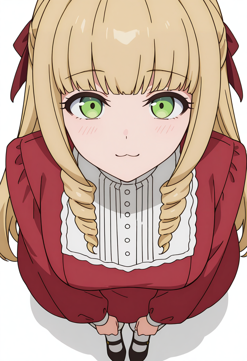 Smooth Quality,masterpiece,very intricate, high quality details, high detailed skin,detailed enviorement,absurdres, 
simple background, white background,front view,
 :3,
 <lora:Fiatoio_Annacnn:0.8>
fannacnn, 1girl, blonde hair, green eyes, long hair, blunt bangs, sidelocks, drill hair, 
white pantyhose, red dress, long sleeves,bow, hair ribbon, white shirt, shoes,